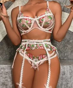 Velvet Kitten Sweetest Floral Bra, G-String, Garter Set
