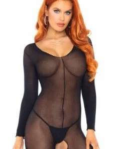 LEG AVENUE Sheer Long Sleeved Scoop Neck Bodystocking